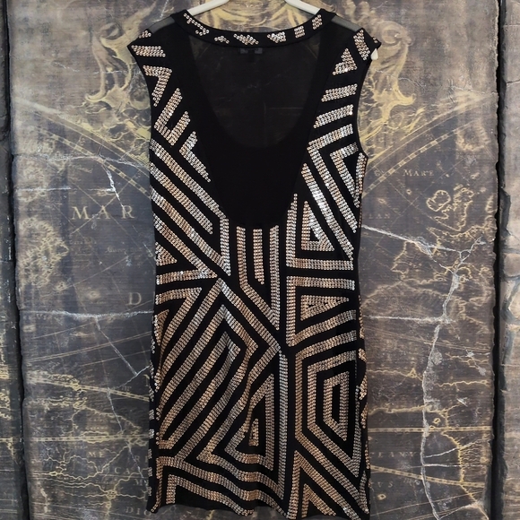 NWOT Express Dress Black Gold Metallic Sequin Shear Back Bodycon Size Medium - Picture 2 of 5